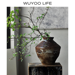 侘寂风复古陶瓷花瓶禅意手工粗陶瓶插花陶罐民宿酒店装饰做旧摆件