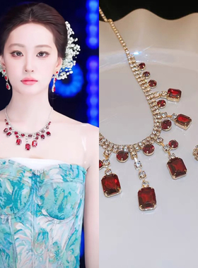 柳柳刘亦菲同款镶钻方形流苏耳钉项链套装轻奢高级感吊坠锁骨链