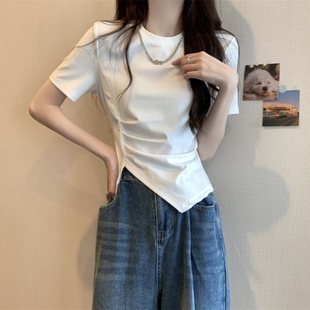 胖妹妹显瘦遮肚子休闲正肩小上衣 不规则短袖 T恤女夏装 大码 打底衫