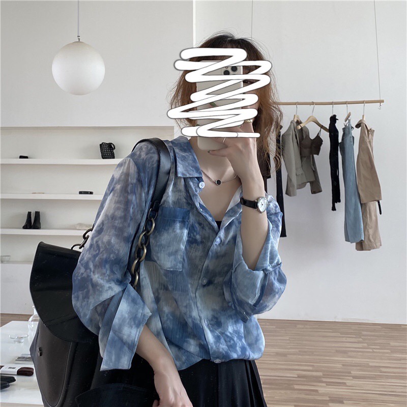 Korean chic design loose super fairy tie dye long sleeve shirt halo dye ink semi transparent feather temperament