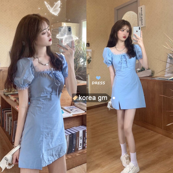 Korean lace bubble sleeve dress summer new women's bow waist slim split skirt