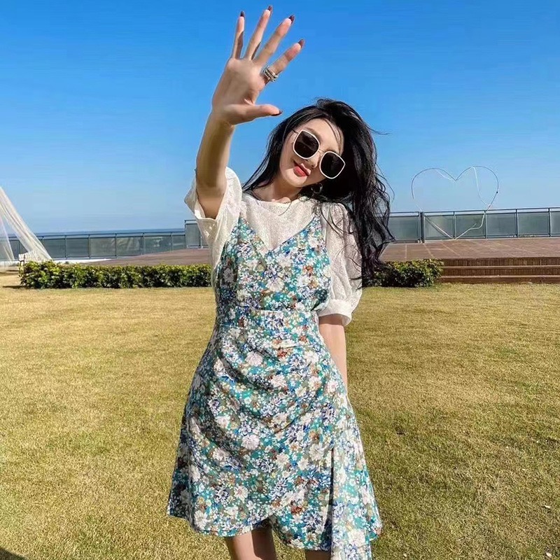 Fashion suit 2021 summer new irregular floral dress two piece women's suspender skirt