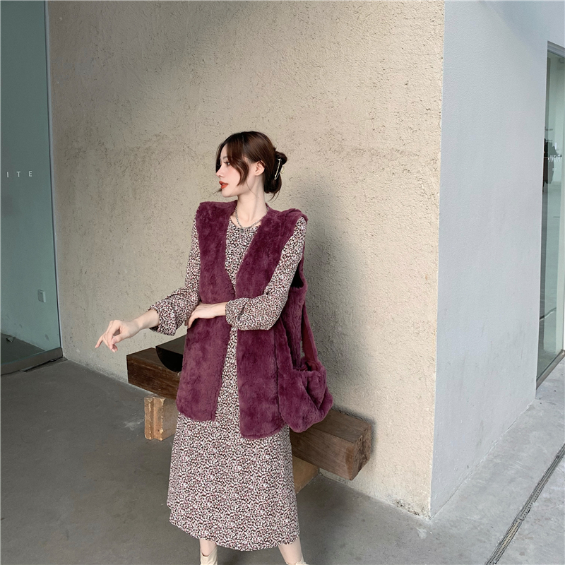 Real price Plush vest vest vest jacket with bag + xiaohuaxian Long Sleeve Dress