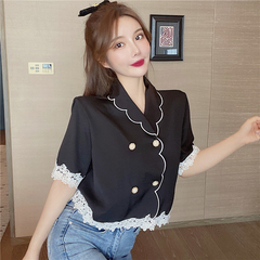 Real price Vintage Lace Lapel lace stitching double breasted loose short sleeve shirt women's wear