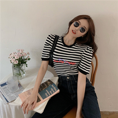 Real price striped short sleeve crew neck with base letter T-shirt