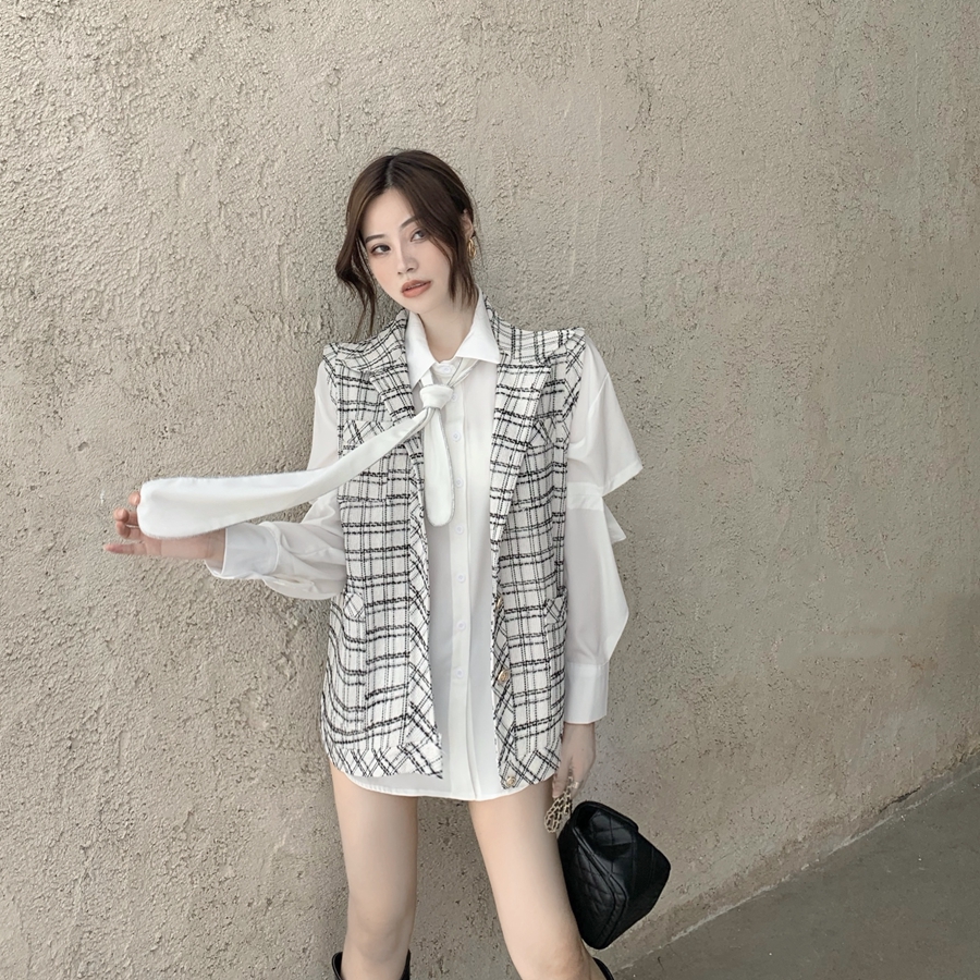 Real price photo small fragrant style single breasted Plaid vest coat + loose long sleeve shirt cardigan bottom with tie
