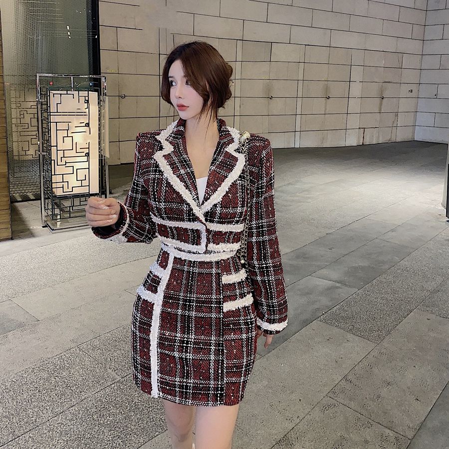 Real price two piece suit with Lapel Plaid short suit coat + hip high waist skirt suit