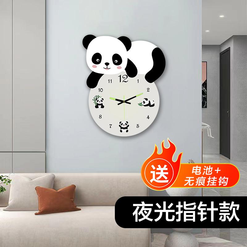国风熊猫夜光针客厅卧室儿童家庭餐厅装饰画挂钟静音免打孔日历图片