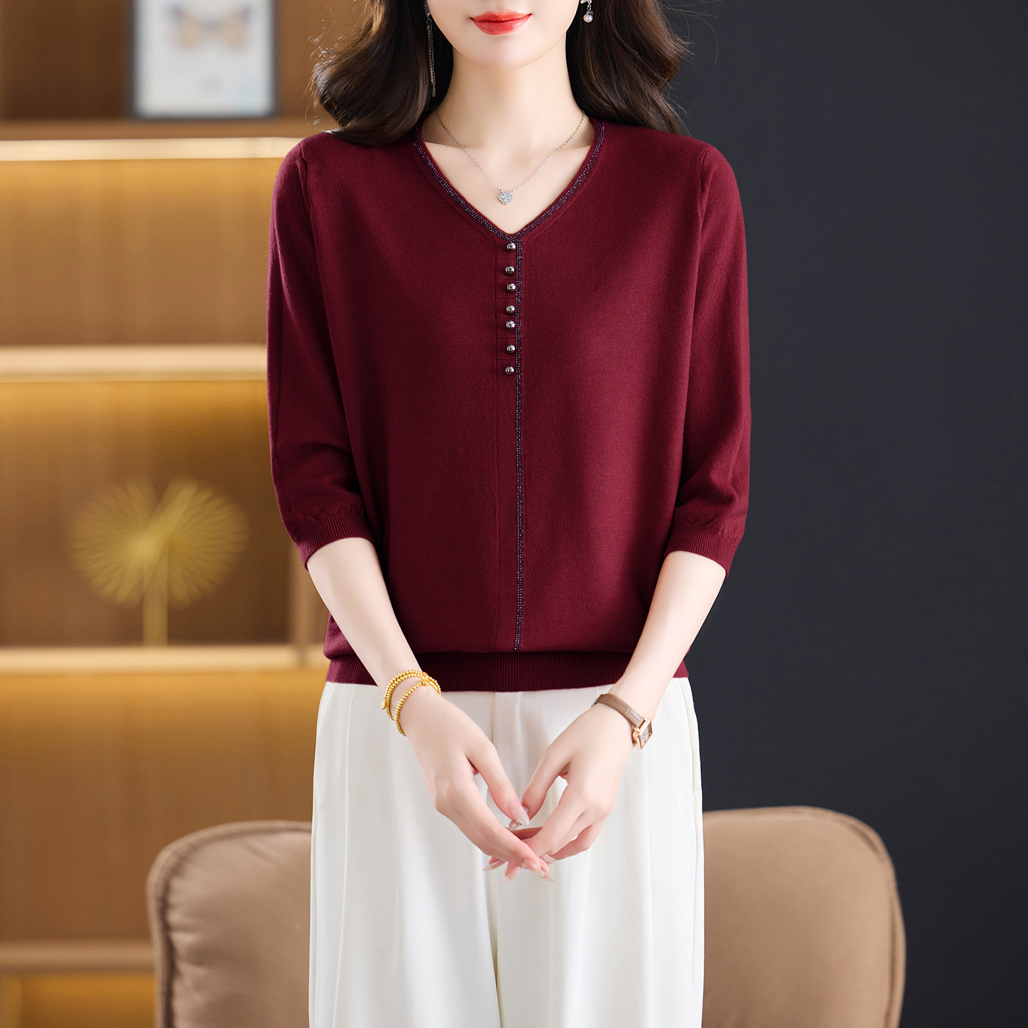 V领七分袖针织衫t恤女士春装2026新款中年妈妈小个子薄款打底上衣