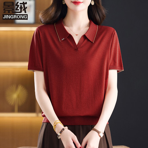 中年妈妈夏装翻领短袖天丝T恤女