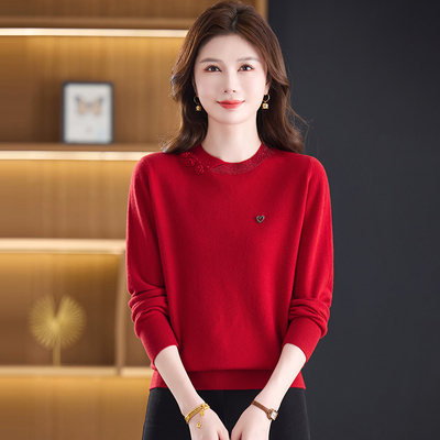 红色圆领烫钻纯羊毛妈妈毛衣