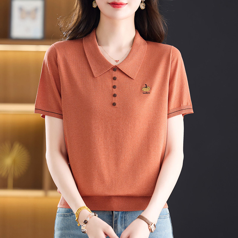 2026春夏新款翻领冰丝短袖t恤女宽松气质中年妈妈莱赛尔针织上衣