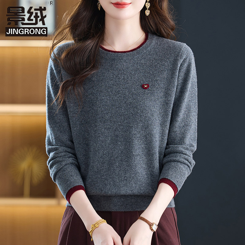 100%纯羊毛衫女宽松圆领中年妈妈