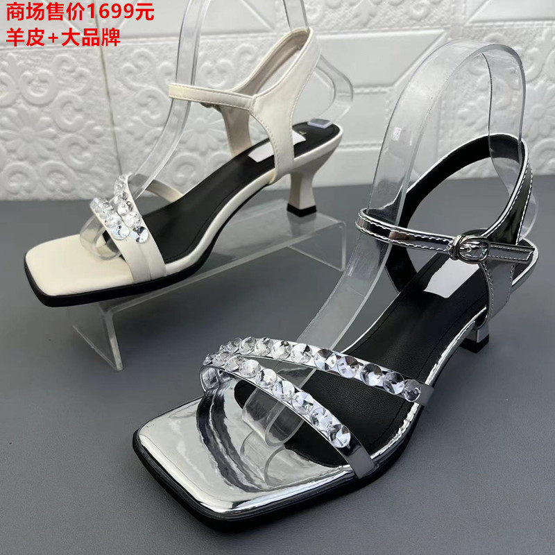 品牌正品断码处理羊皮女鞋欧洲站真皮夏季新款烫钻一字带后空凉鞋