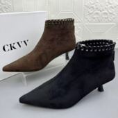 细跟通勤防滑短靴 瘦瘦靴女靴高品质新款 奥莱撤柜处理时尚 尖头时装