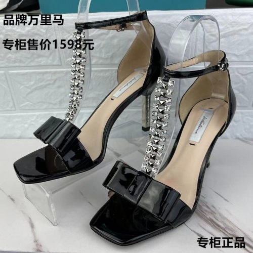 万里马头层牛皮女鞋高跟镂空凉鞋