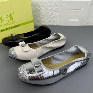 意大利进口时尚休闲羊皮蝴蝶结浅口女鞋撤柜真皮新款软底防滑单鞋