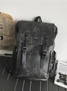 大学生书包休闲电脑包大容量双肩包男士复古时尚潮流皮革旅行背包