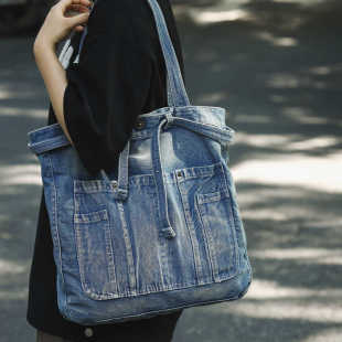 欧美时尚 小众设计感牛仔包托特包单肩手提大容量帆布包女上课背包