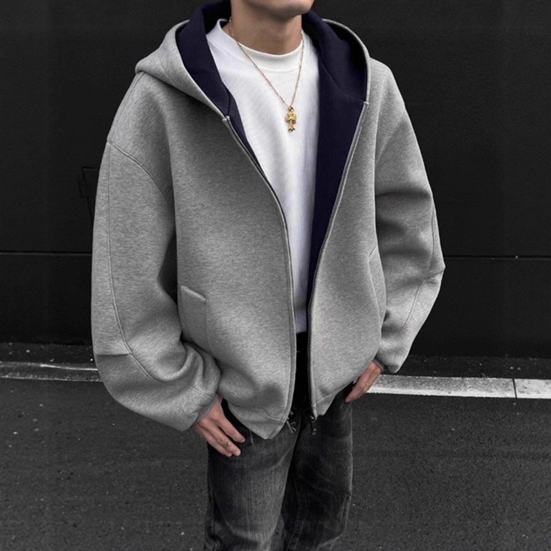 重磅开衫卫衣男大码秋季美式廊形连帽夹克vibe高街撞色休闲外套潮