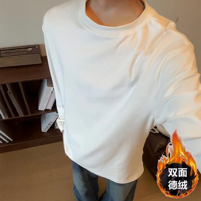 冬季大码双面绒保暖打底衫T恤男美式休闲百搭纯色圆领德绒上衣服