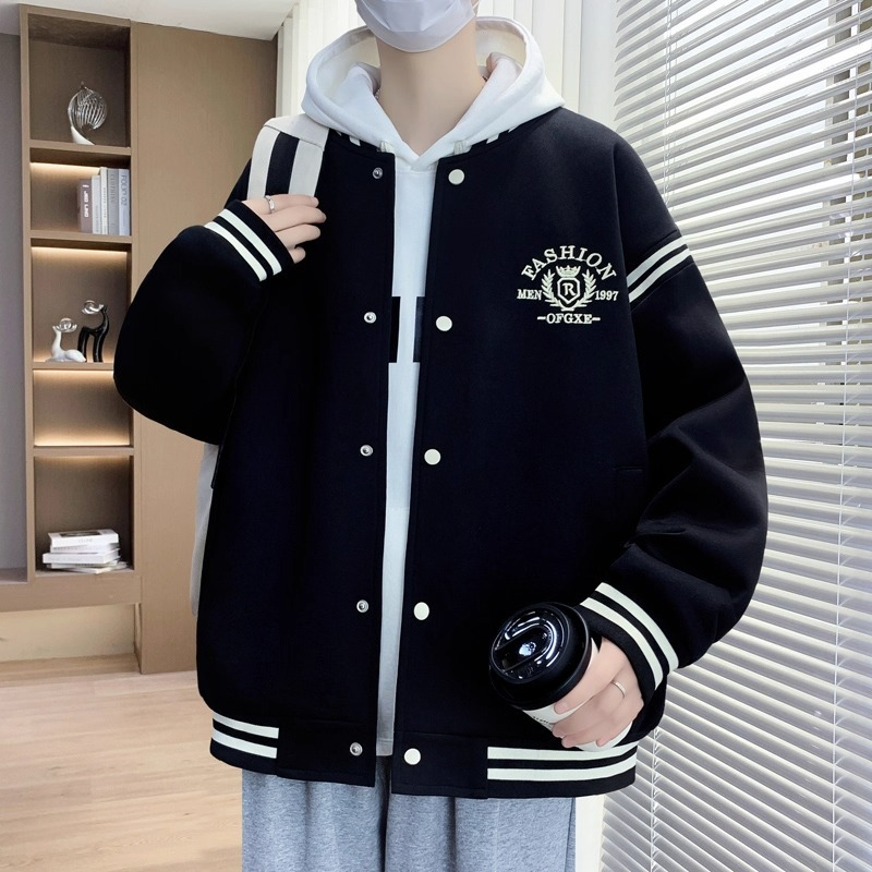 2025春秋季新款夹克衫男青少年宽松大码美式刺绣棒球服外套上衣潮