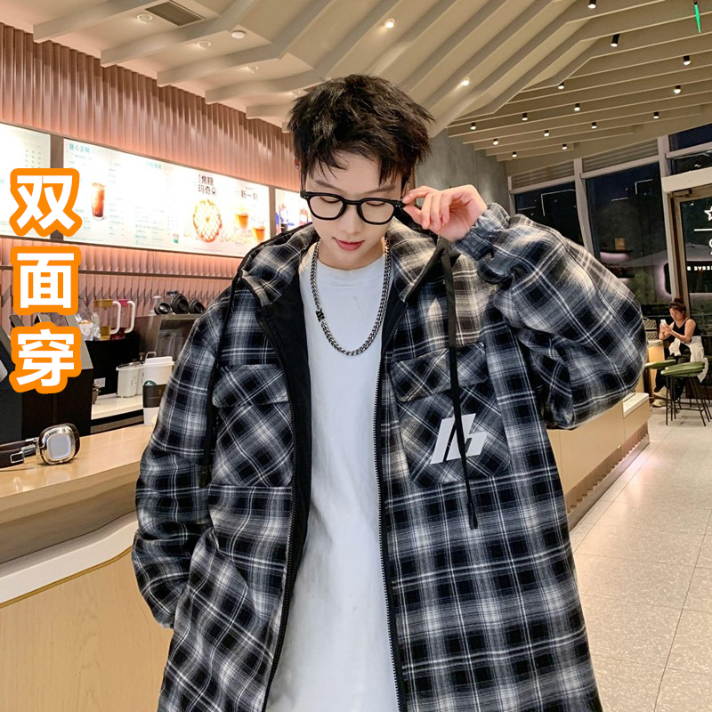 大码青少年学生格子连帽外套男装大码春秋潮流双面穿拉链开衫夹克