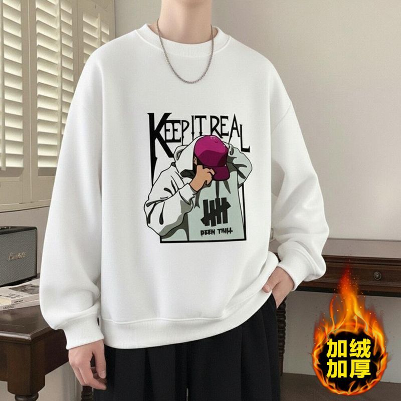 美式印花长袖青少年ins秋衣打底衫圆领加绒大码卫衣男潮牌秋冬季