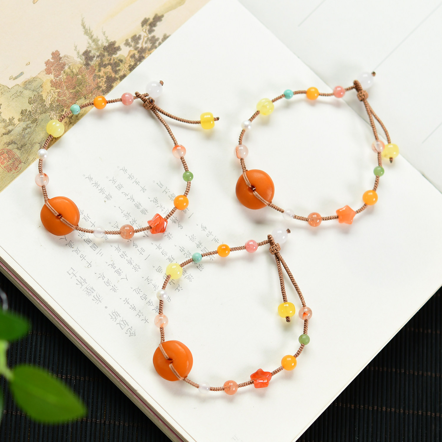 天然老蜡饼子多宝编织手绳 可调节 南红蜜蜡红纹 LH620