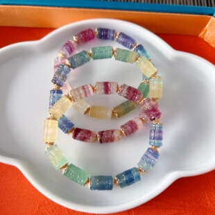 天然彩虹萤石回纹雕刻桶珠手链 水晶手串时尚饰品女款 XL335