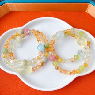 黄金黄胶花两圈手链 海蓝宝黄水晶随形绿水晶双尖 LH663