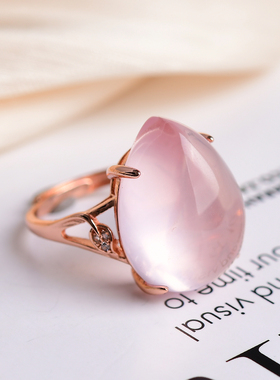 天然粉晶粉芙蓉戒指女S925银托镶嵌奢华时尚简约水晶指环 D178