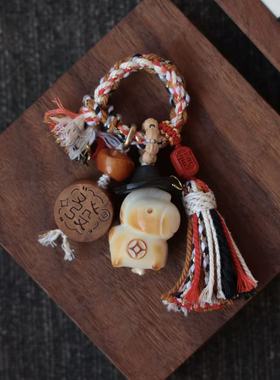 炭烤象牙果马上有钱包挂钥匙扣搭配牛骨元宝桃木发字朱砂牌 DM313