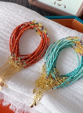 迷你小颗粒天然绿松石南红玛瑙搭配蜜蜡珠子原创手链 微瑕 XL341