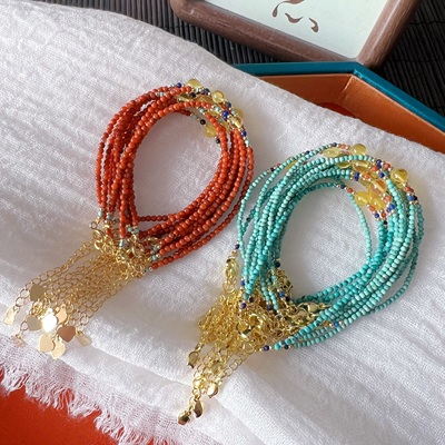 迷你小颗粒天然绿松石南红玛瑙搭配蜜蜡珠子原创手链 微瑕 XL341