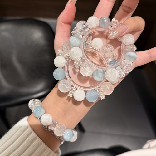 天然海蓝宝白阿塞白水晶隔片雪花幽灵手链 女款时尚手串 LH778