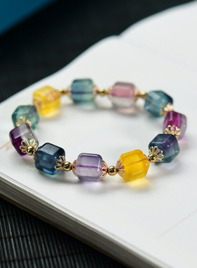 天然彩萤石方糖单圈手链 10mm 黄/紫/绿萤石水晶手串饰品 XL396