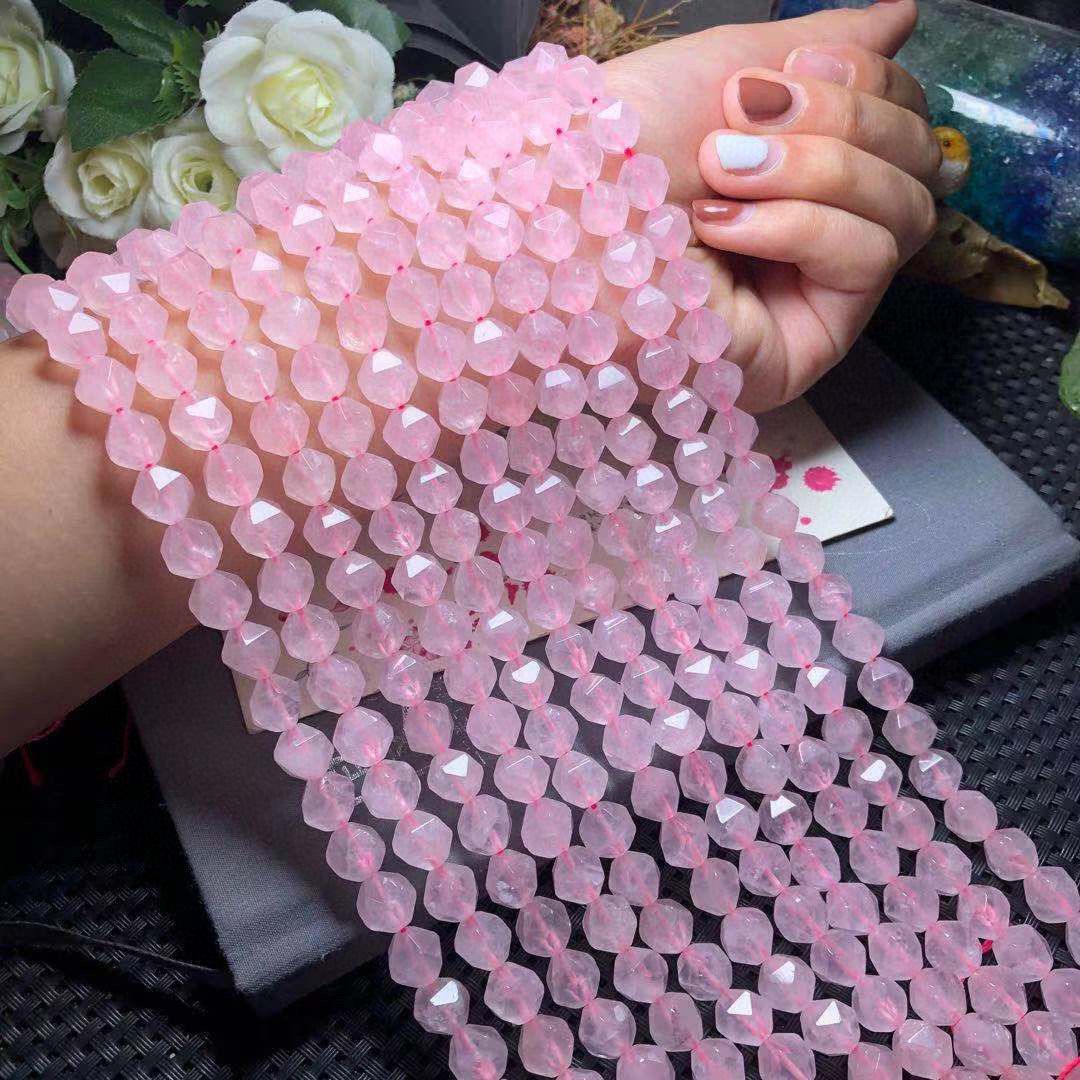 天然粉晶钻石切角散珠半成品长链 10毫米