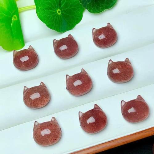 天然草莓晶无脸猫头配件16mm