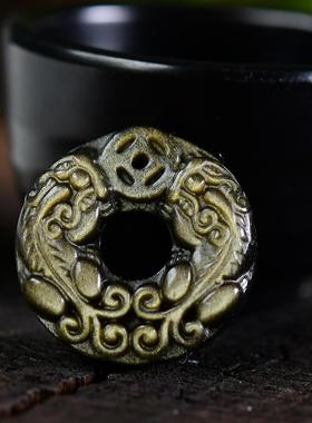 天然金曜石银曜石冰种黑曜石双貔貅平安扣吊坠 H63