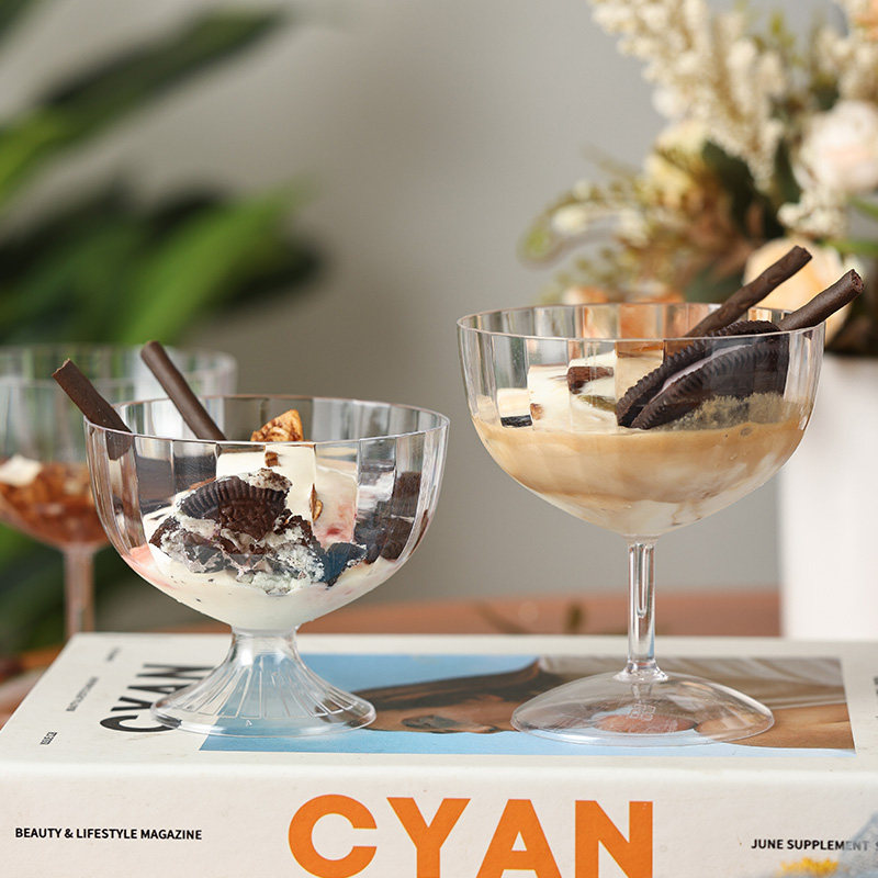 200ml高脚红酒香槟冰淇淋慕斯布丁杯子一次性硬塑料透明厚航空杯