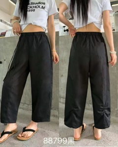 木子家新款88799慵懒风裤腿抽褶高腰直筒女九分宽松显瘦薄休闲裤