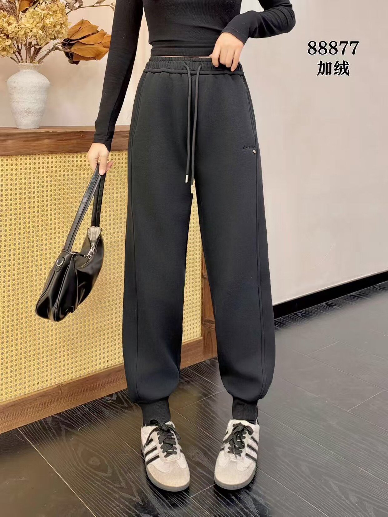 木子家冬季88877加绒垮裤显瘦小脚哈伦百搭女高腰卫裤韩版休闲裤