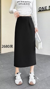 2680黑色半身長裙女高腰顯瘦一步裙彈力后開衩包身裙子 木子家秋季