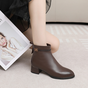 富丽粗跟法式时装靴女百搭冬季气质通勤保暖洋气真皮短靴女93-15