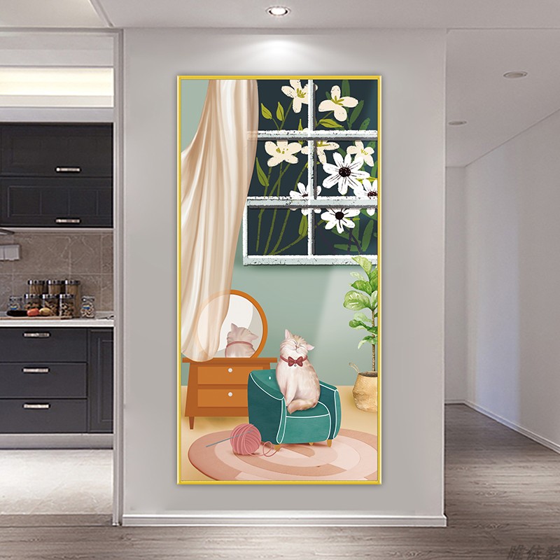 可爱猫咪入户玄关装饰画现代简约走廊过道贴画竖版背景墙自粘壁画图片