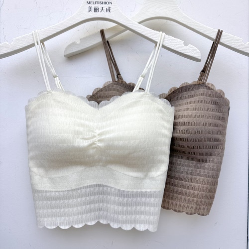 古妃3055蕾丝泡泡纱吊带防走光内衣裹胸聚拢固定杯露脐女打底美背