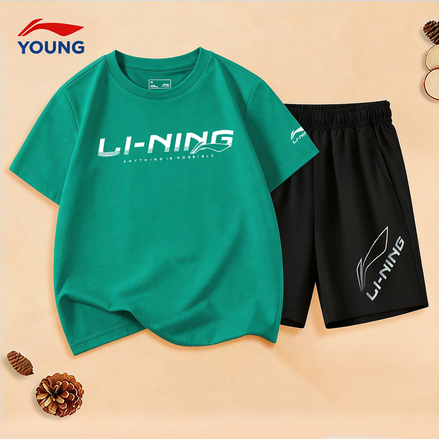 李宁儿童短袖短裤运动套装男童纯棉速干T恤运动套装2026夏季新款