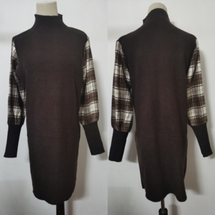 商品撤柜秋冬加厚设计感拼接针织连衣裙收腰显瘦娃娃领灯笼袖 长裙