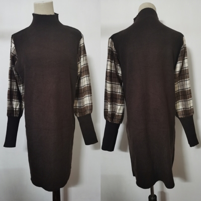 商品撤柜秋冬加厚设计感拼接针织连衣裙收腰显瘦娃娃领灯笼袖长裙